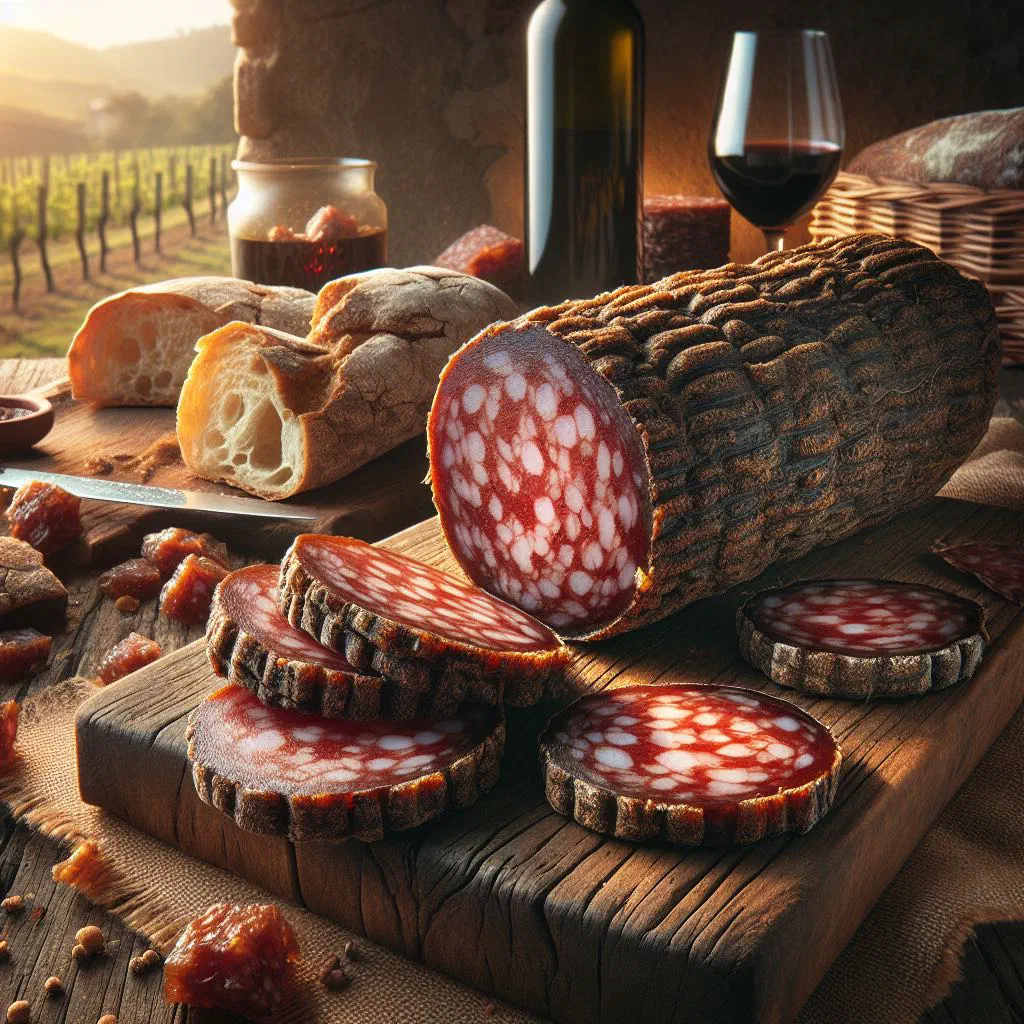 Sliced Salame di Cinghiale on a wooden board with pecorino and olives
