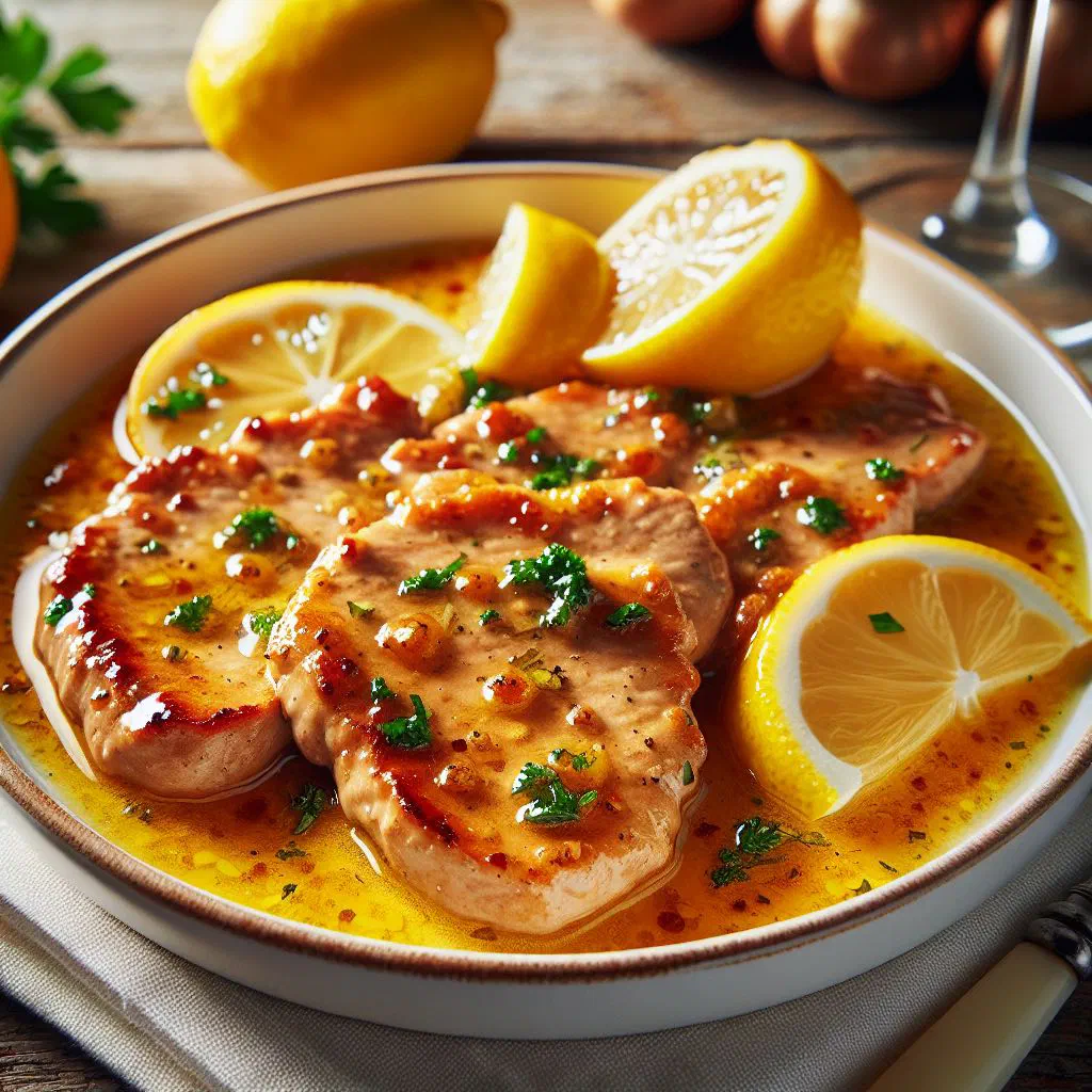 Veal escalopes in a glossy lemon and butter sauce, garnished with parsley and lemon slices