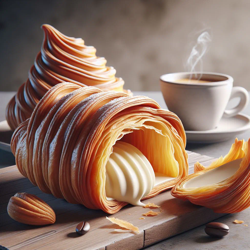 Crisp shell-shaped sfogliatelle dusted with icing sugar and filled with cream