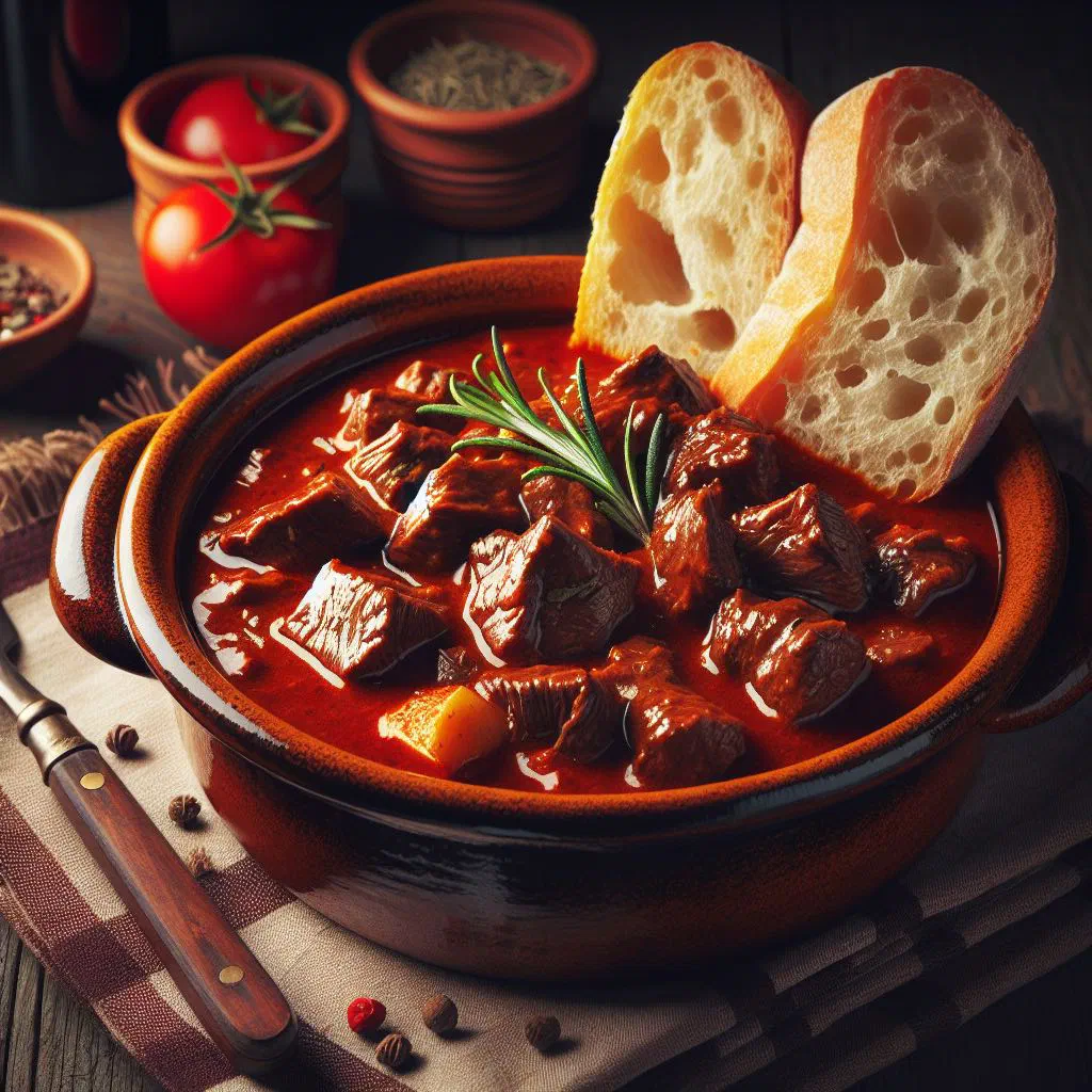 Rich beef stew with carrots and potatoes in a rustic bowl