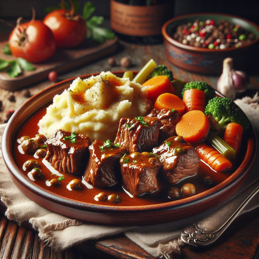 A rustic bowl of braised veal stew in a rich sauce, garnished with fresh herbs
