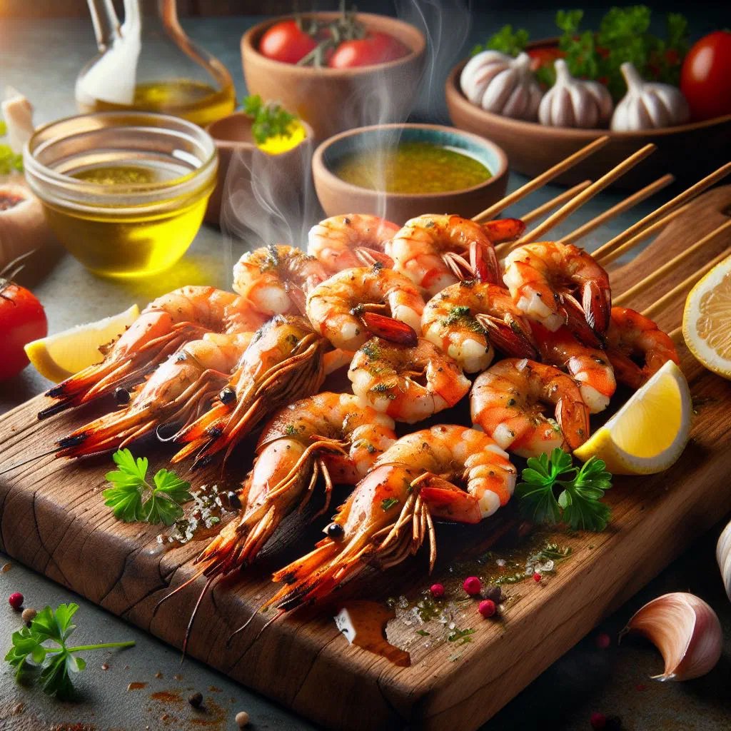 Grilled prawn skewers garnished with parsley and lemon