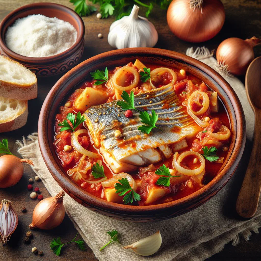Stoccafisso in umido, a stockfish stew in a rich tomato sauce with crusty bread