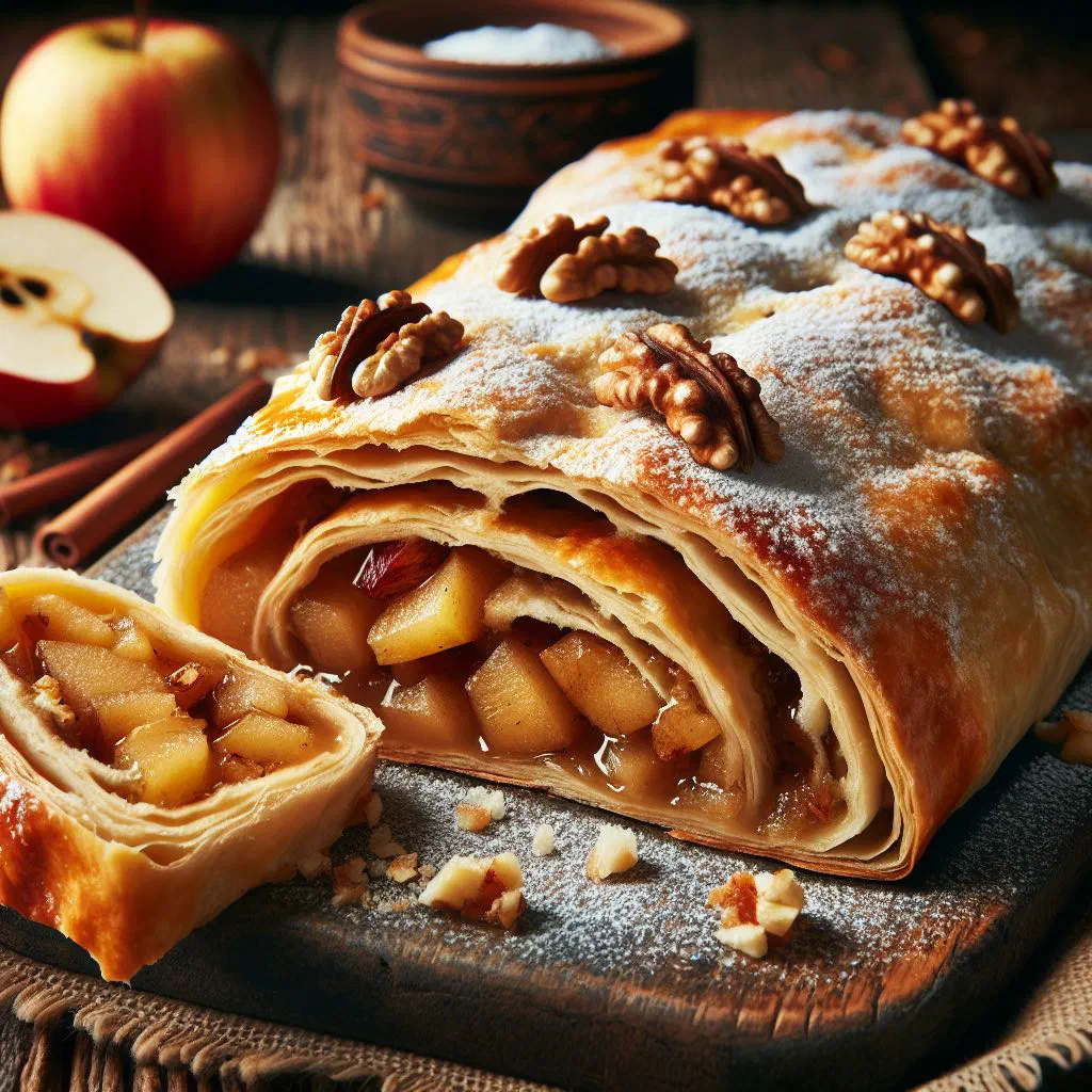Golden apple strudel dusted with icing sugar and sliced to show the fruit filling