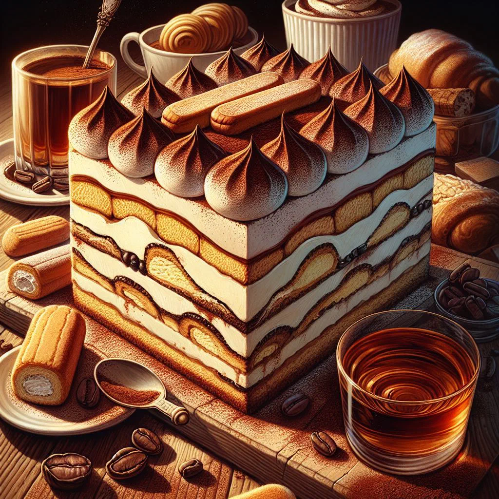 Tiramisu dusted with cocoa powder, showing creamy mascarpone layers