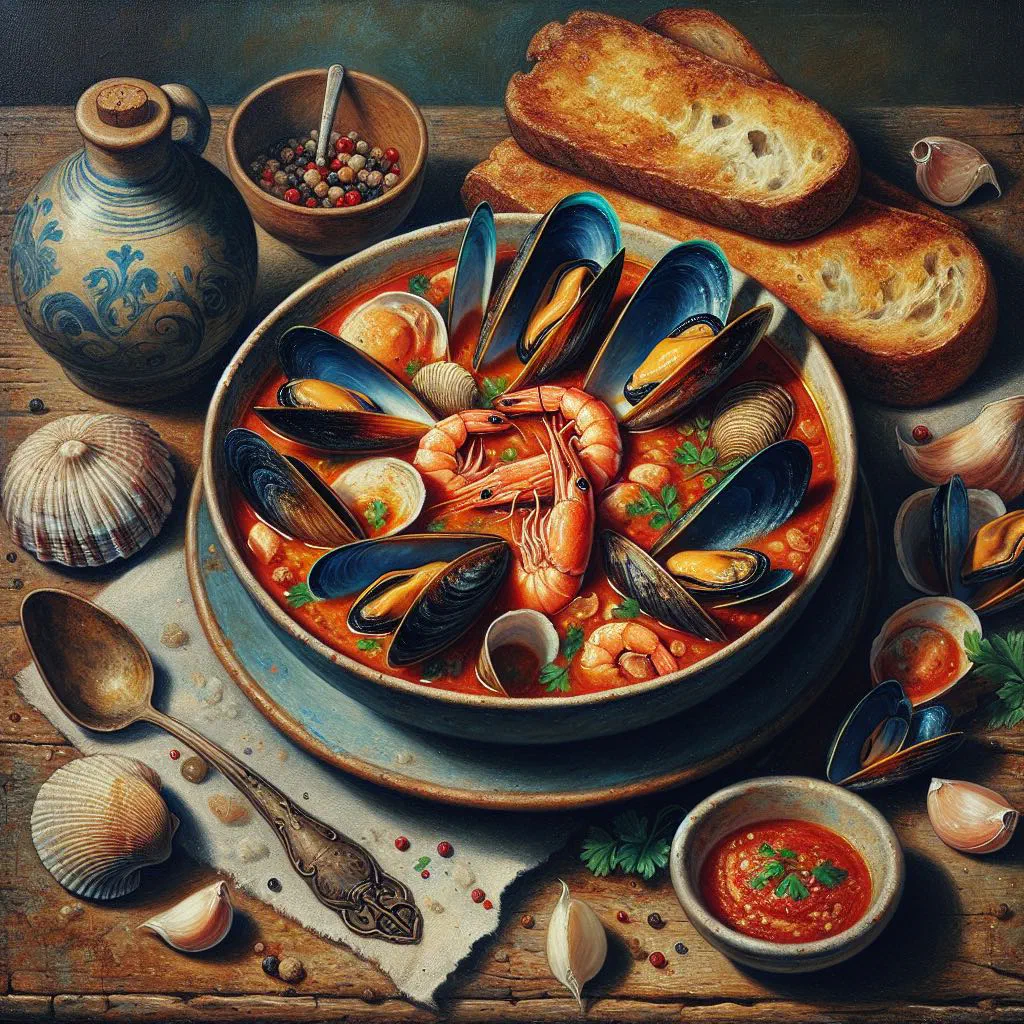 Bowl of zuppa di pesce with prawns, squid and tomato broth