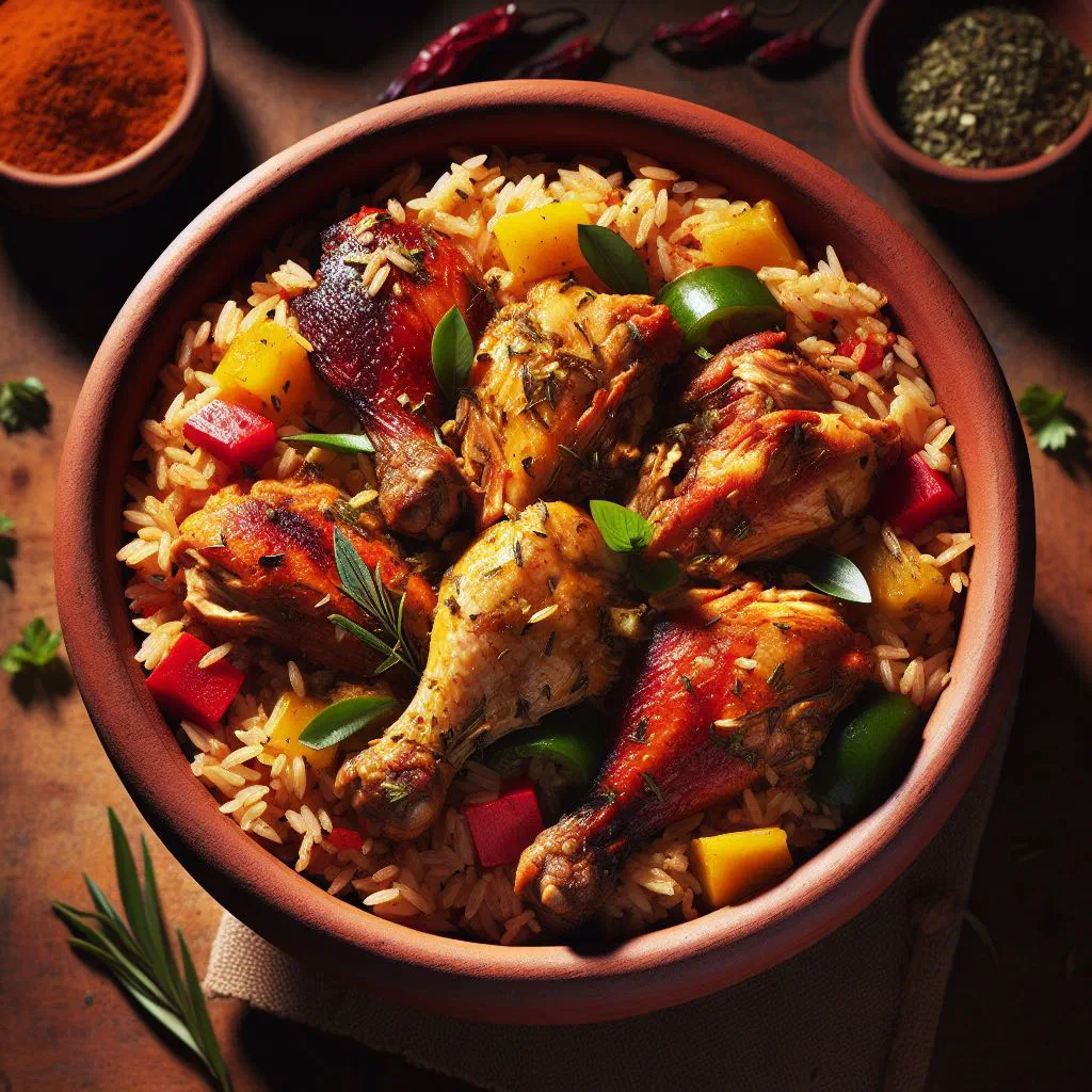 Golden chicken and rice with peppers, garnished with fresh herbs