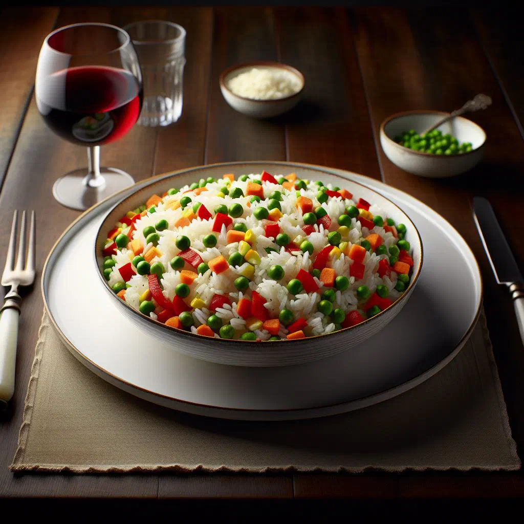 Vegetable rice with courgette, carrot and peppers, garnished with parsley