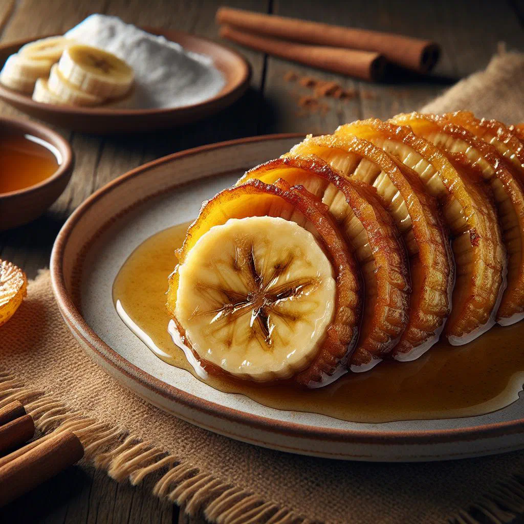 Golden fried banana slices on a plate, dusted with sugar and cinnamon