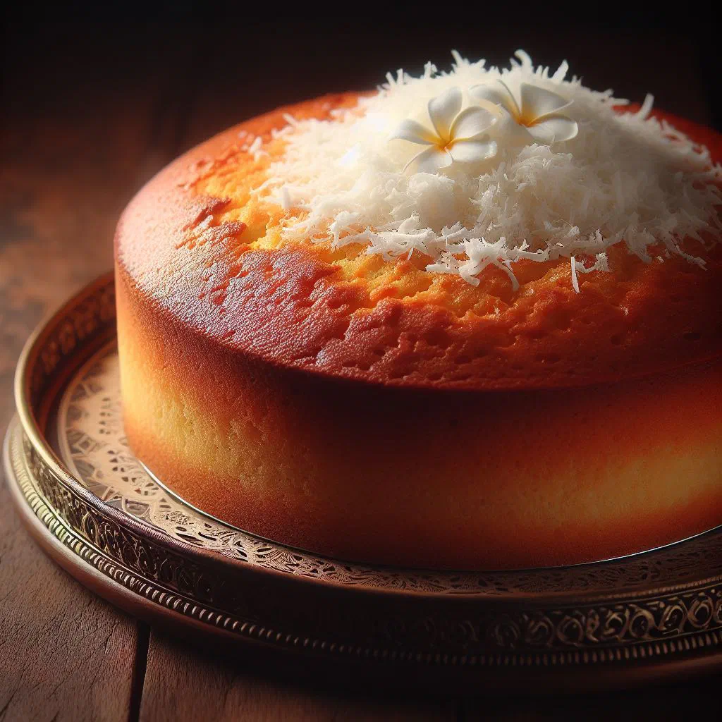 Golden coconut cake dusted with icing sugar and topped with fresh coconut