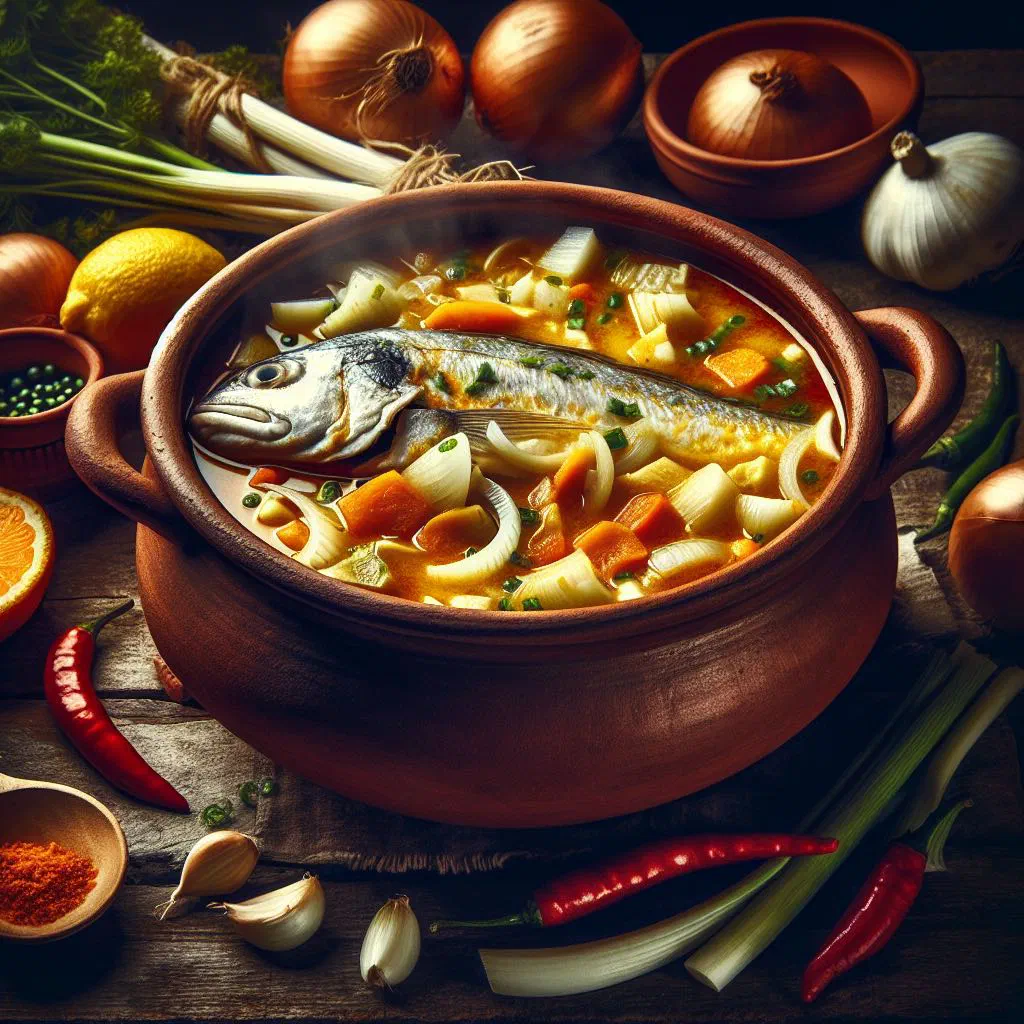 A steaming bowl of Caldo de Peixe fish soup with tomatoes, herbs and lime