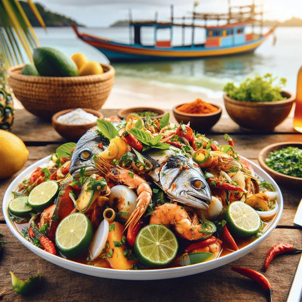Bowl of calulu de peixe fish stew with pumpkin, greens and palm oil