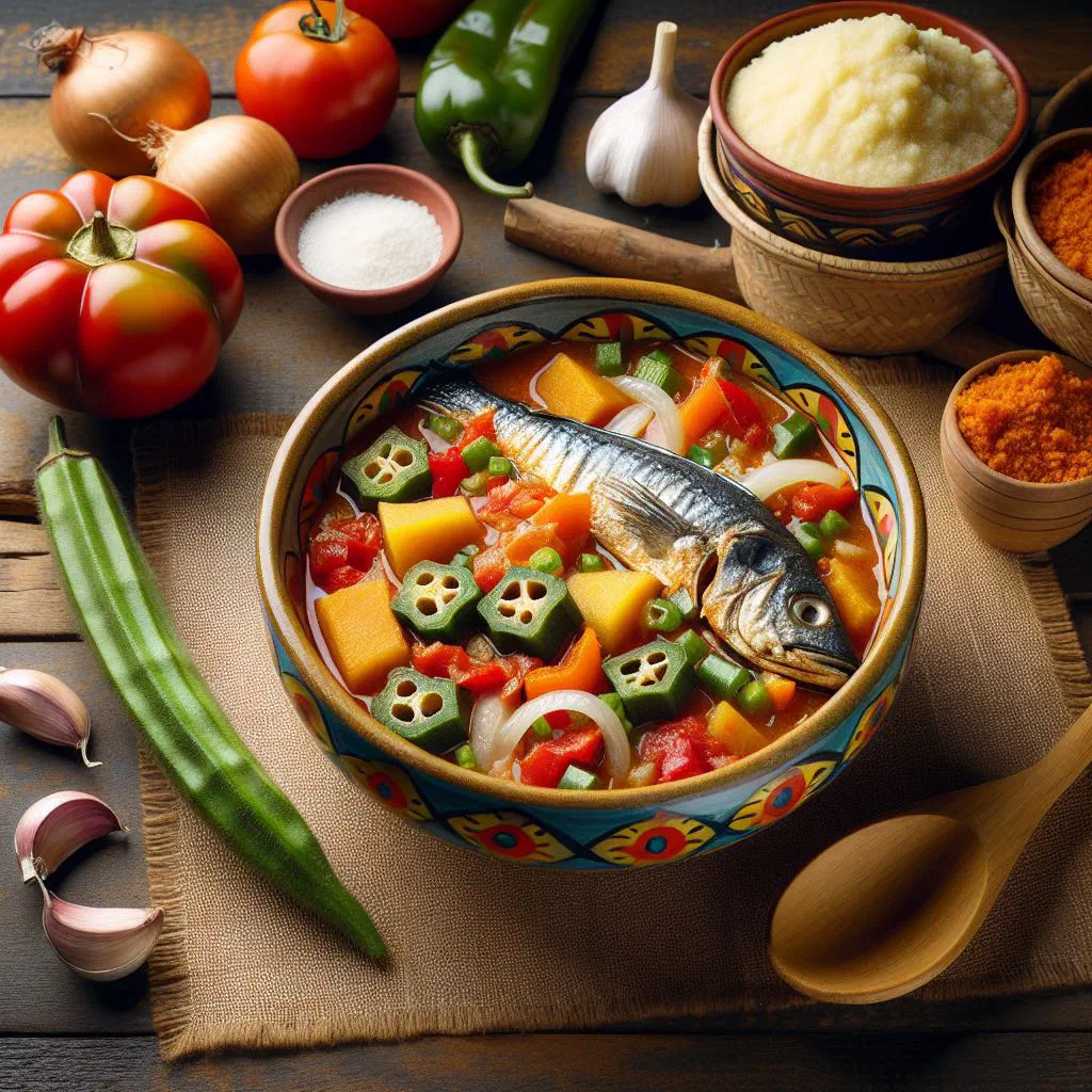 Bowl of calulu fish stew with leafy greens and palm oil sauce