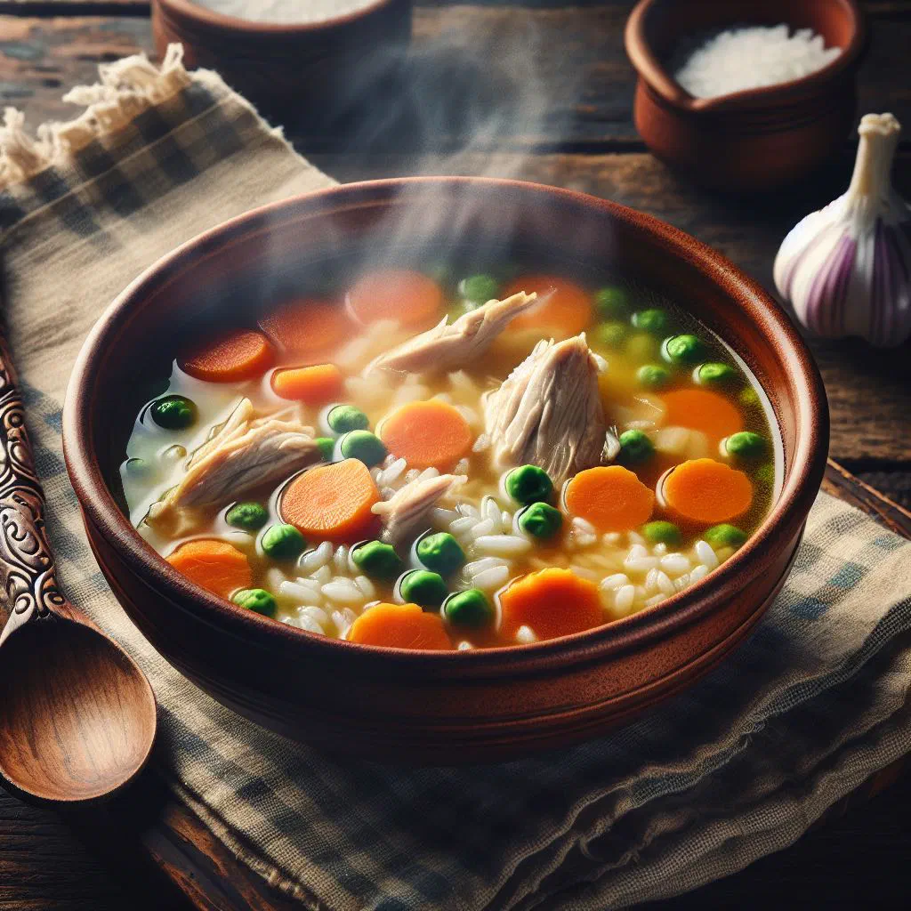 Bowl of Canja de Galinha chicken and rice soup garnished with fresh parsley