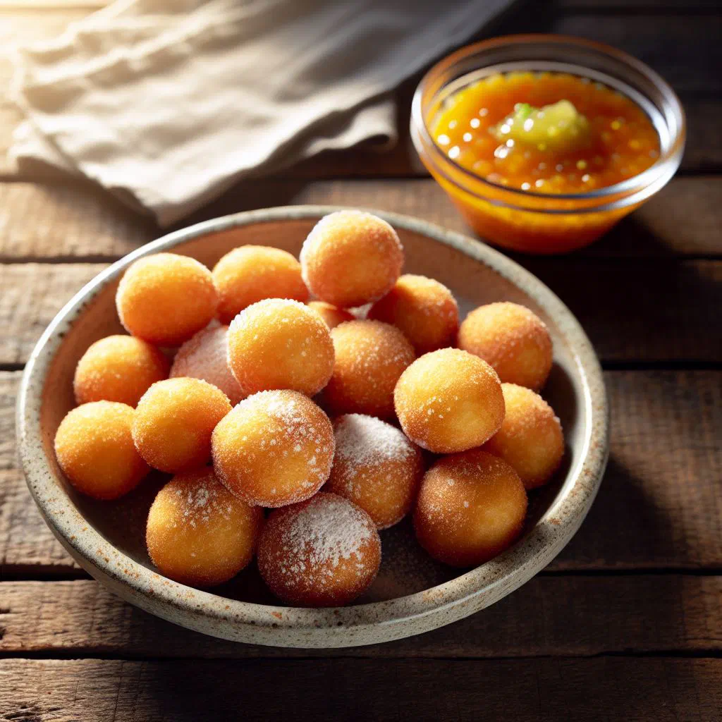 Golden fried cassava fritters piled on a plate with fresh herbs