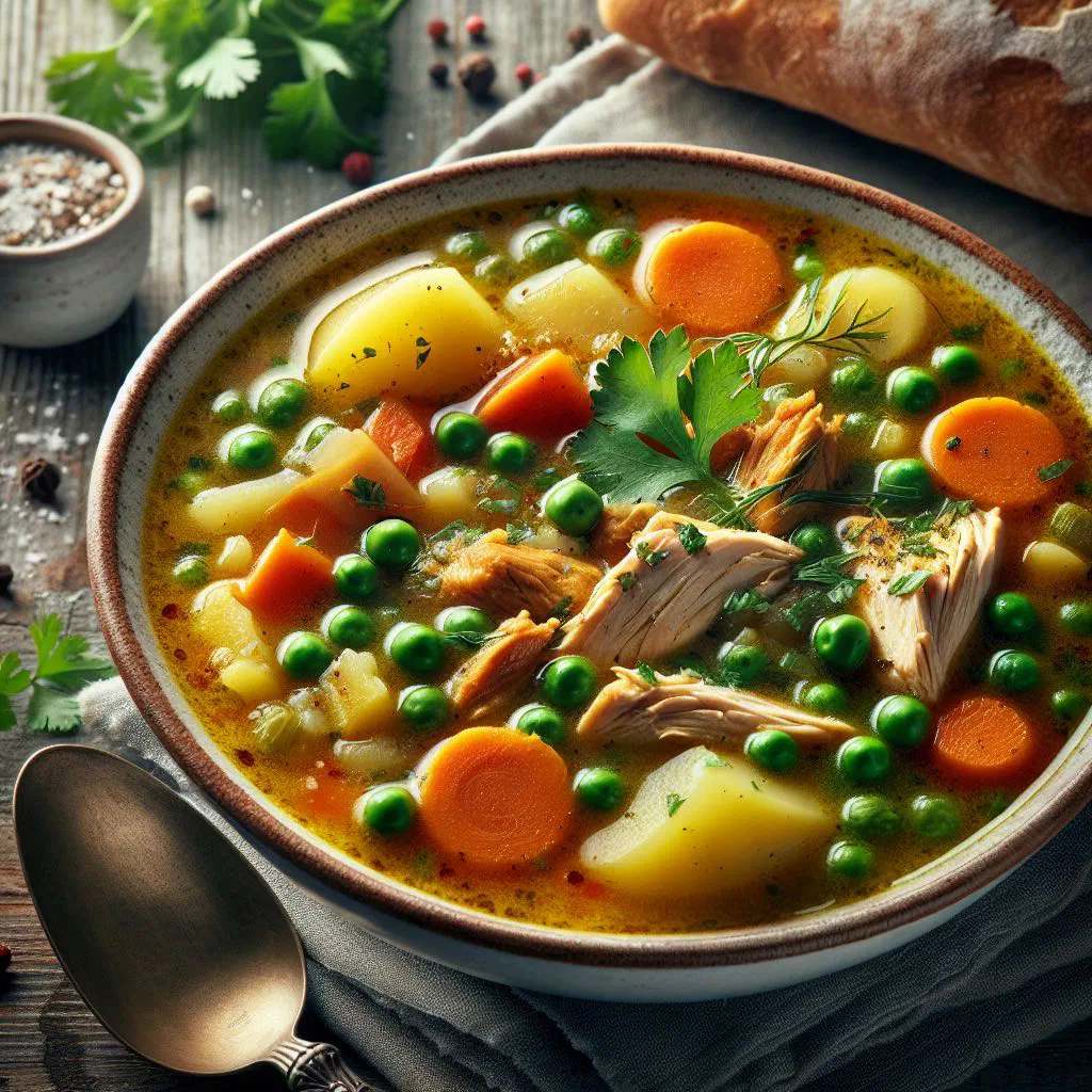 Bowl of São Toméan chicken soup with carrots, tomato and fresh parsley