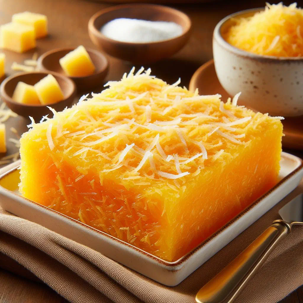 Golden baked coconut cocada amarela sweets on a plate