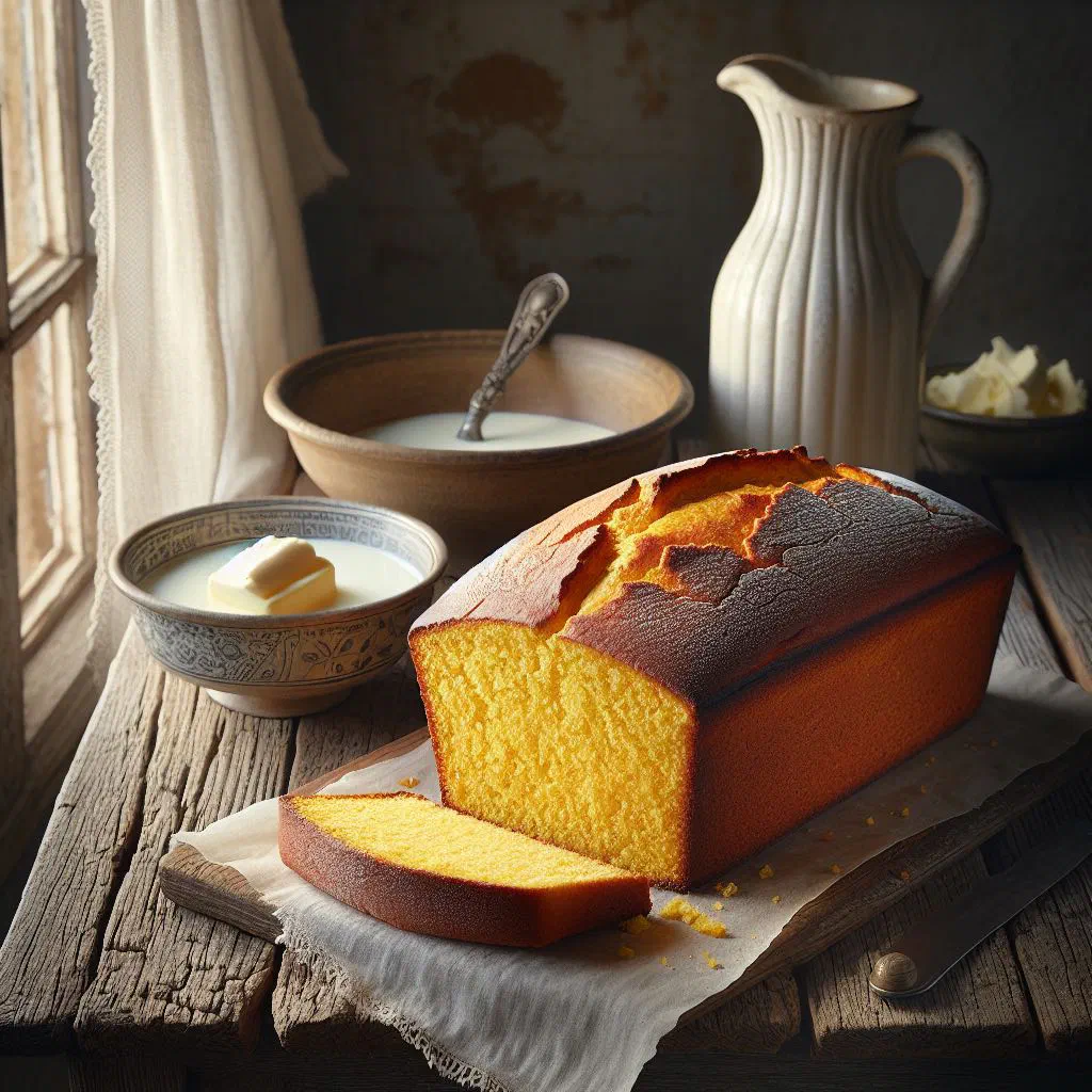 Golden loaf of São Toméan corn bread sliced on a wooden board