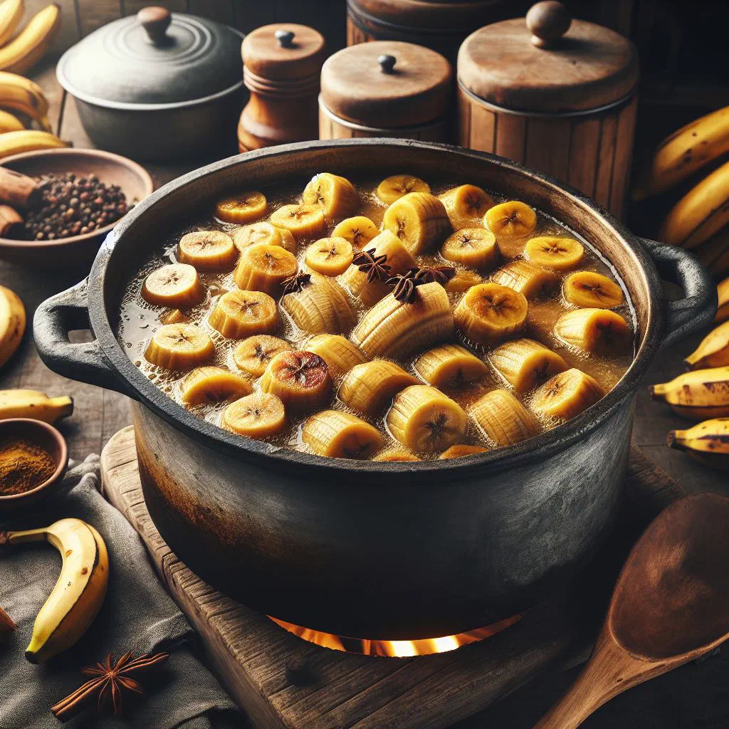 Bowl of banana and meat stew garnished with fresh coriander