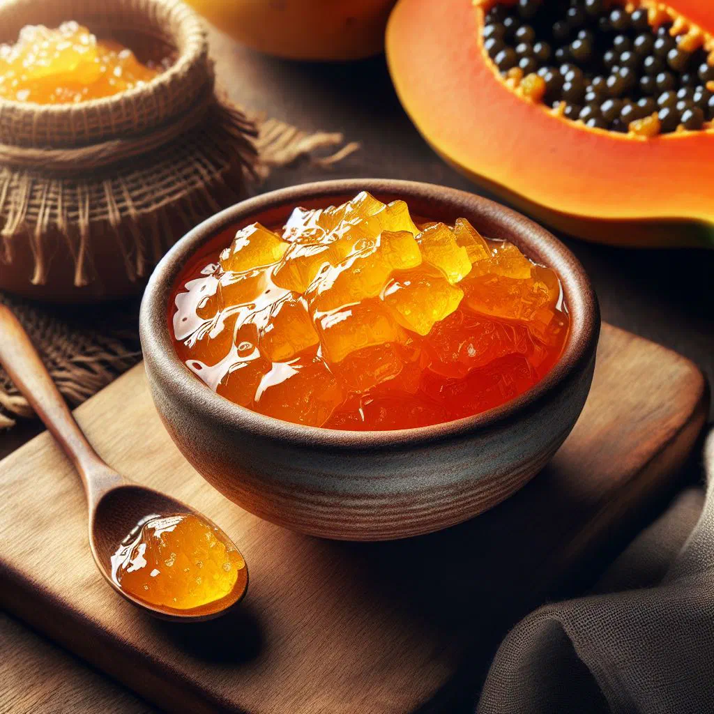 Bowl of spiced papaya dessert garnished with lime and mint