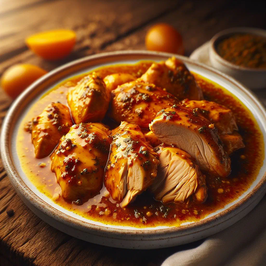 Chicken pieces in a glowing orange palm oil sauce with fresh herbs
