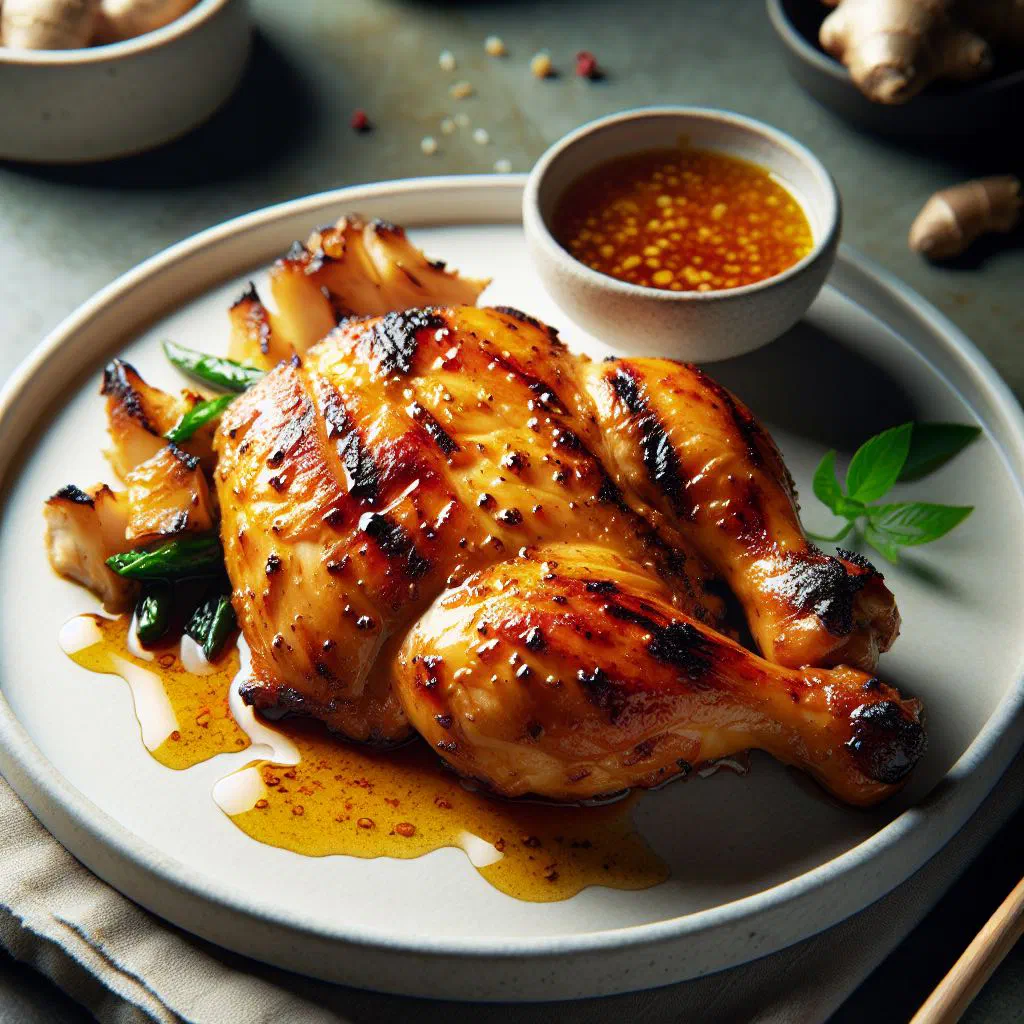 Grilled ginger-marinated chicken garnished with fresh herbs