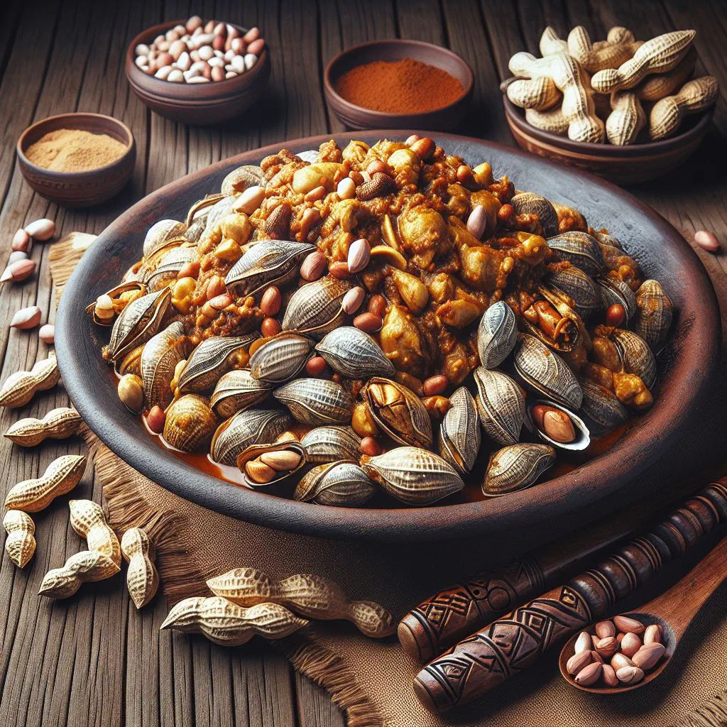 Bowl of matata with clams in a creamy peanut sauce, garnished with coriander