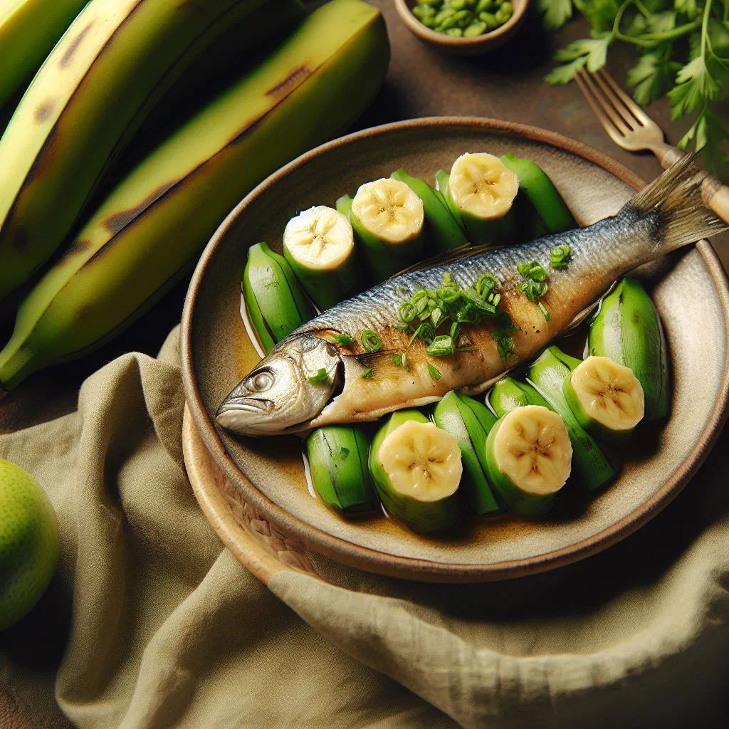 Pan-cooked fish with slices of green banana in a tomato sauce, garnished with fresh coriander