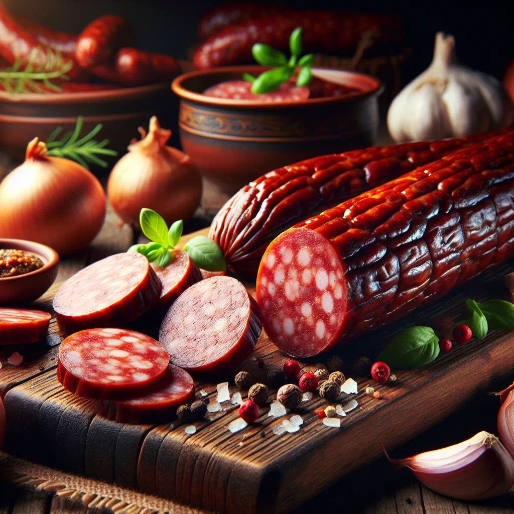 Grilled Salsicha Santomense sausages on a wooden board with fresh herbs