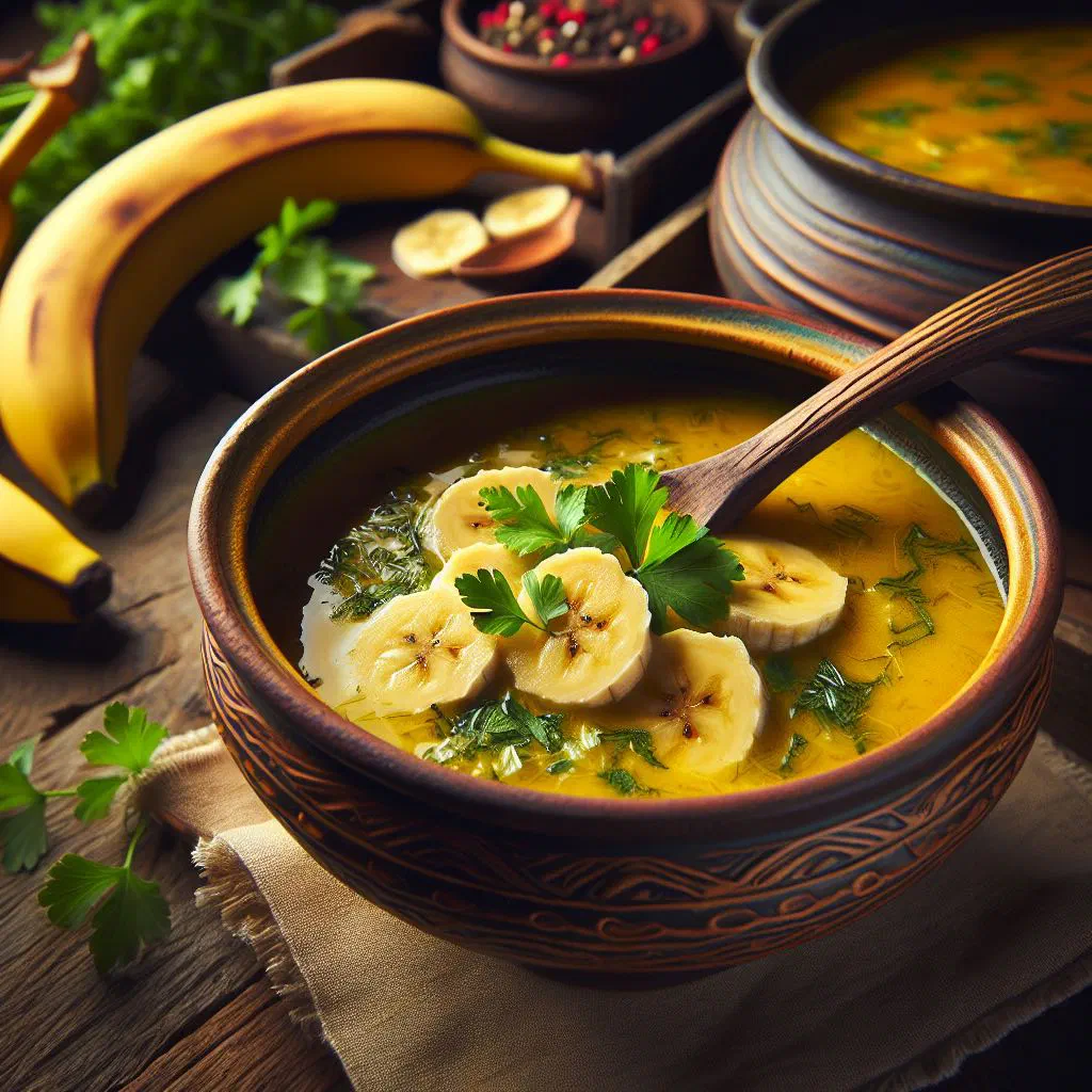 Creamy banana and coconut soup in a bowl, garnished with fresh herbs