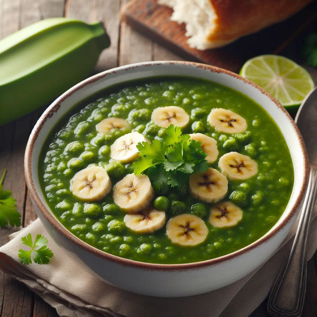Creamy green banana soup with coconut milk, topped with fresh coriander