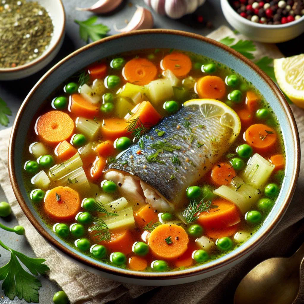 Bowl of São Toméan vegetable and fish soup garnished with fresh coriander
