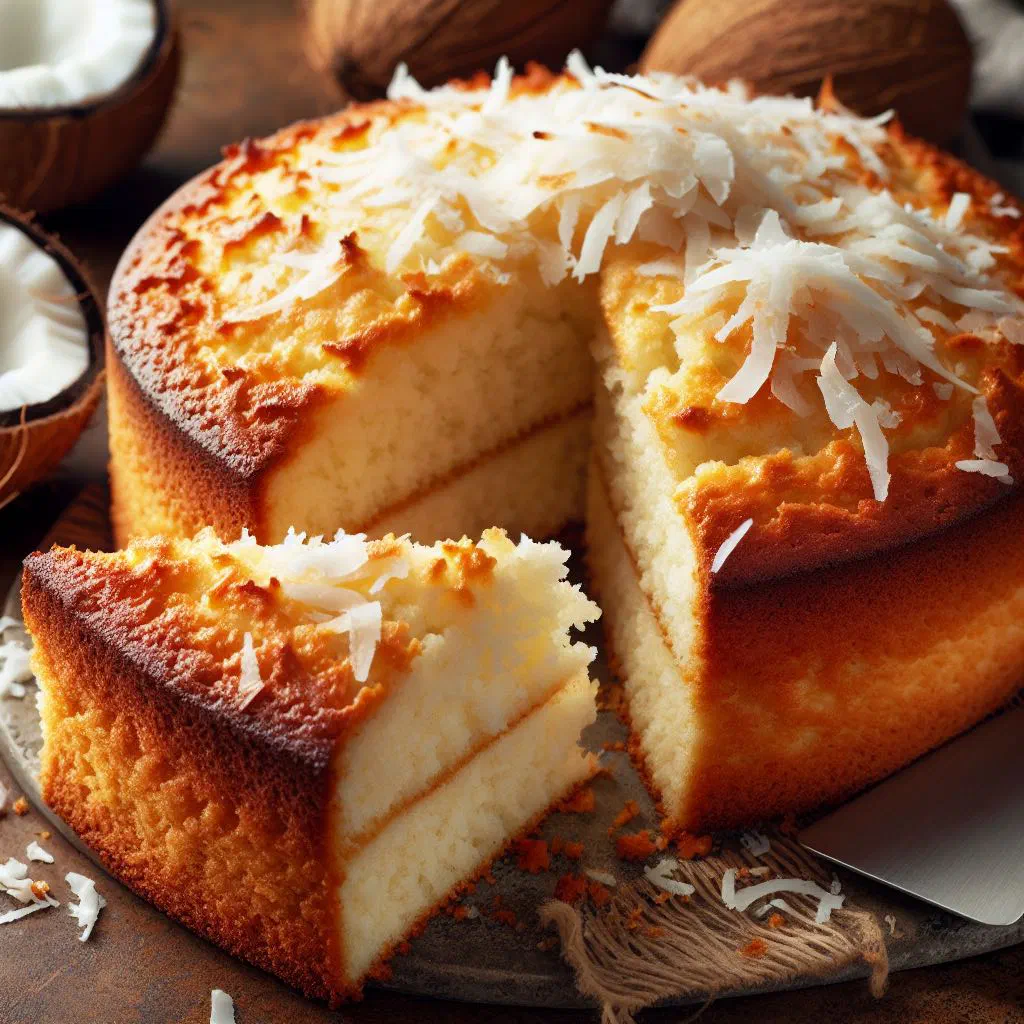 Golden baked coconut tart cut into slices on a plate