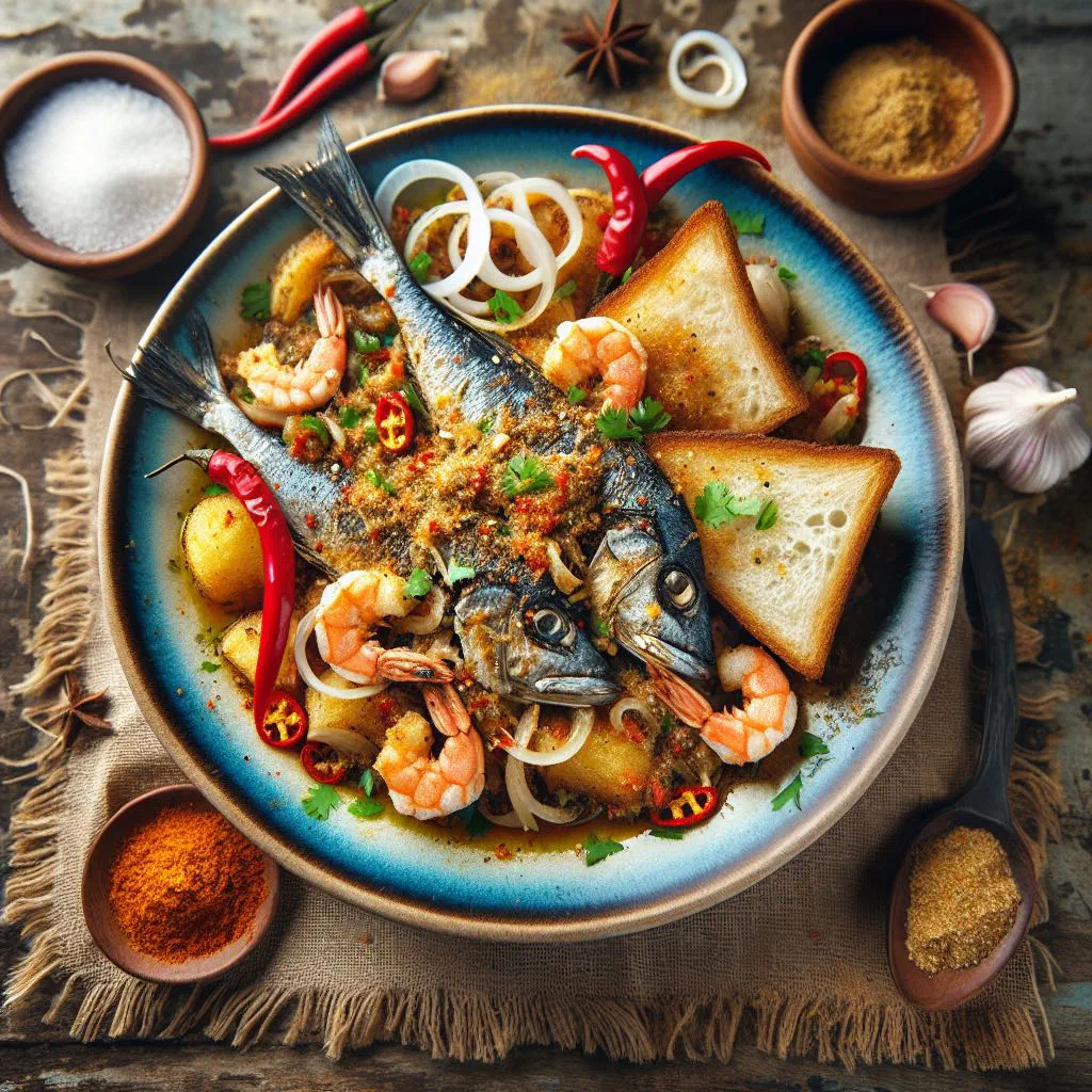Creamy vatapá santomense with fish in coconut sauce, garnished with fresh herbs