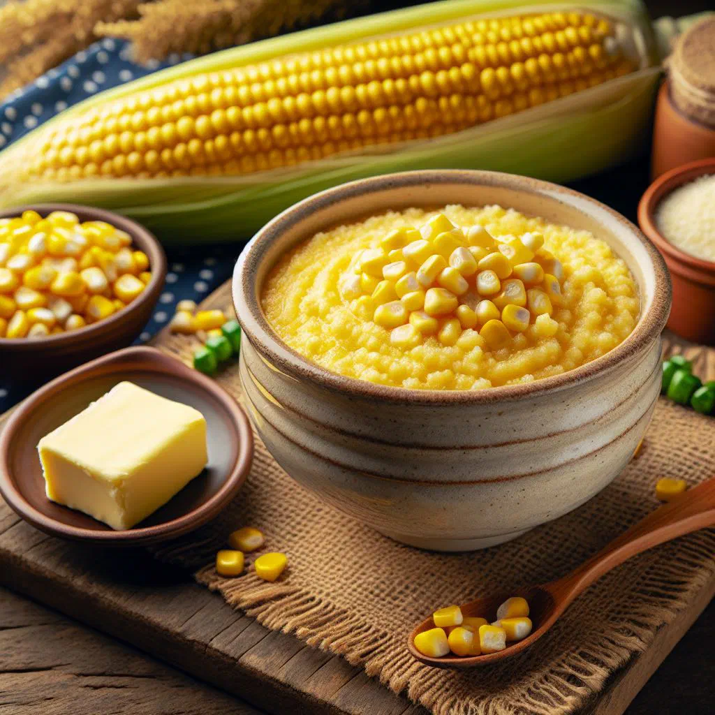 Creamy cornmeal xérem de milho in a bowl, garnished with fresh herbs