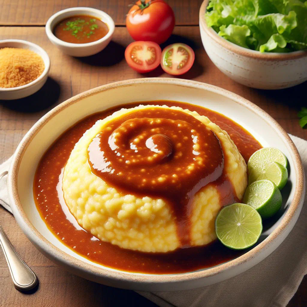 Creamy maize porridge served with fish in a tomato and pepper sauce