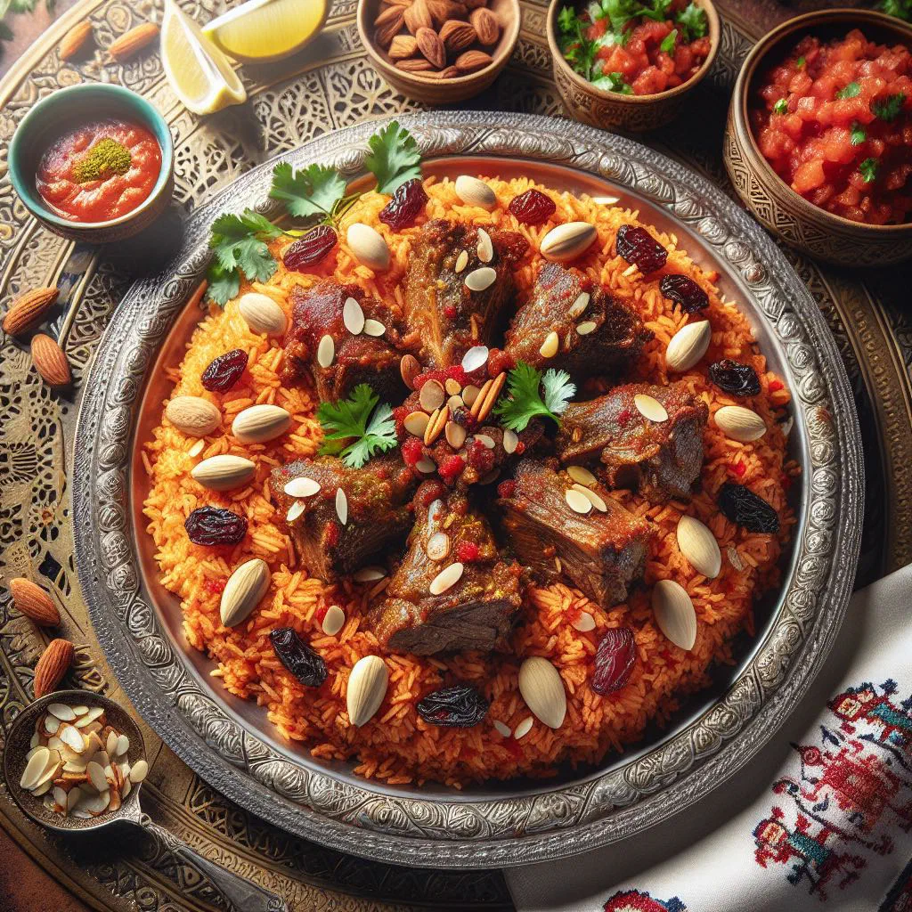 Al-kabsa lahm with spiced rice and tender lamb, garnished with fresh coriander
