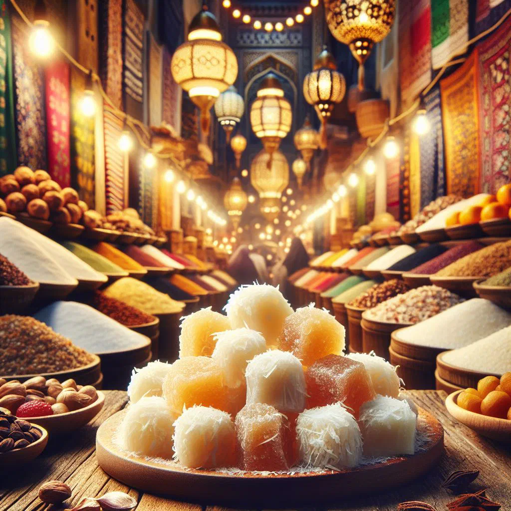 Squares of Arabian coconut candy on a serving plate