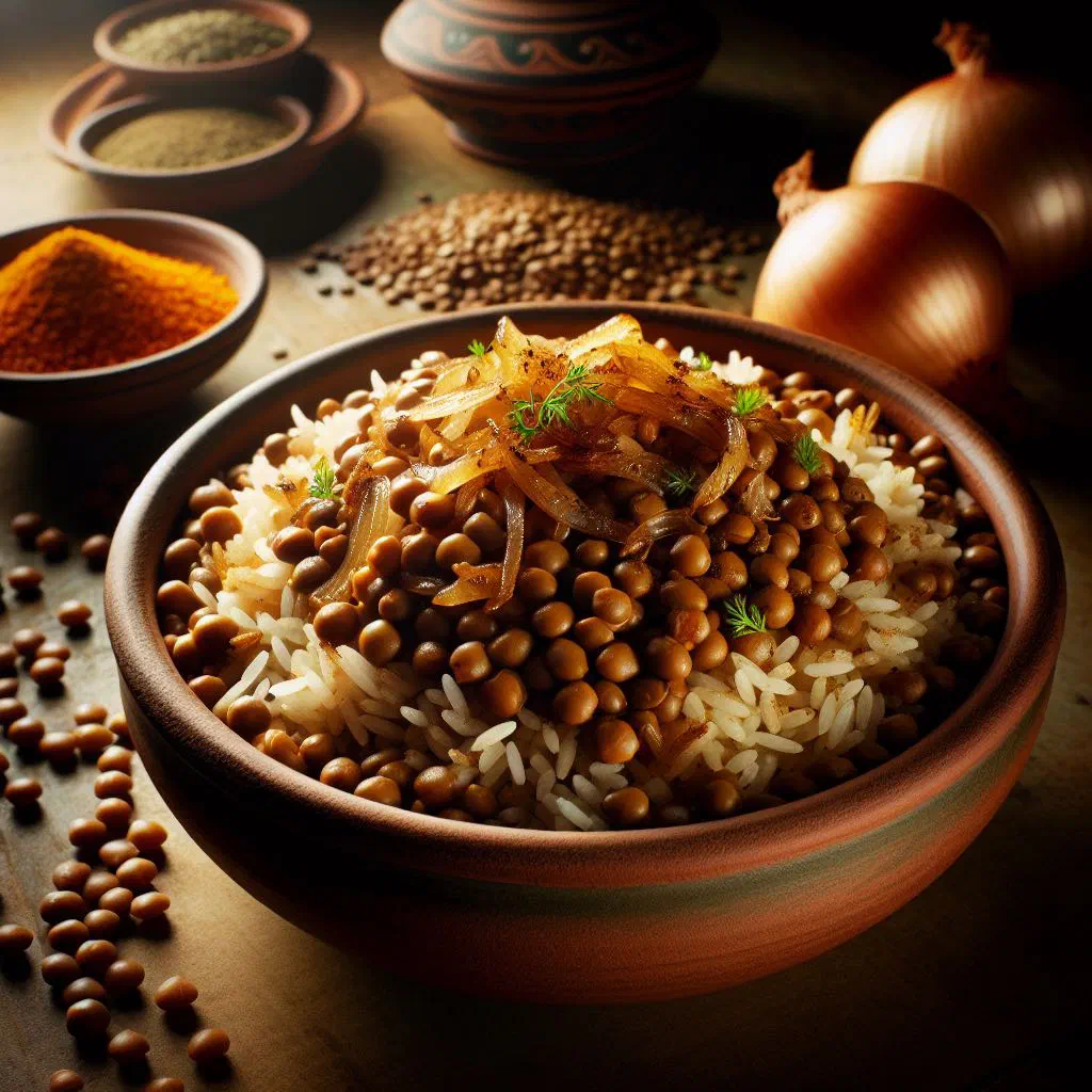 Arabian lentil pilaf with rice and fresh parsley in a bowl