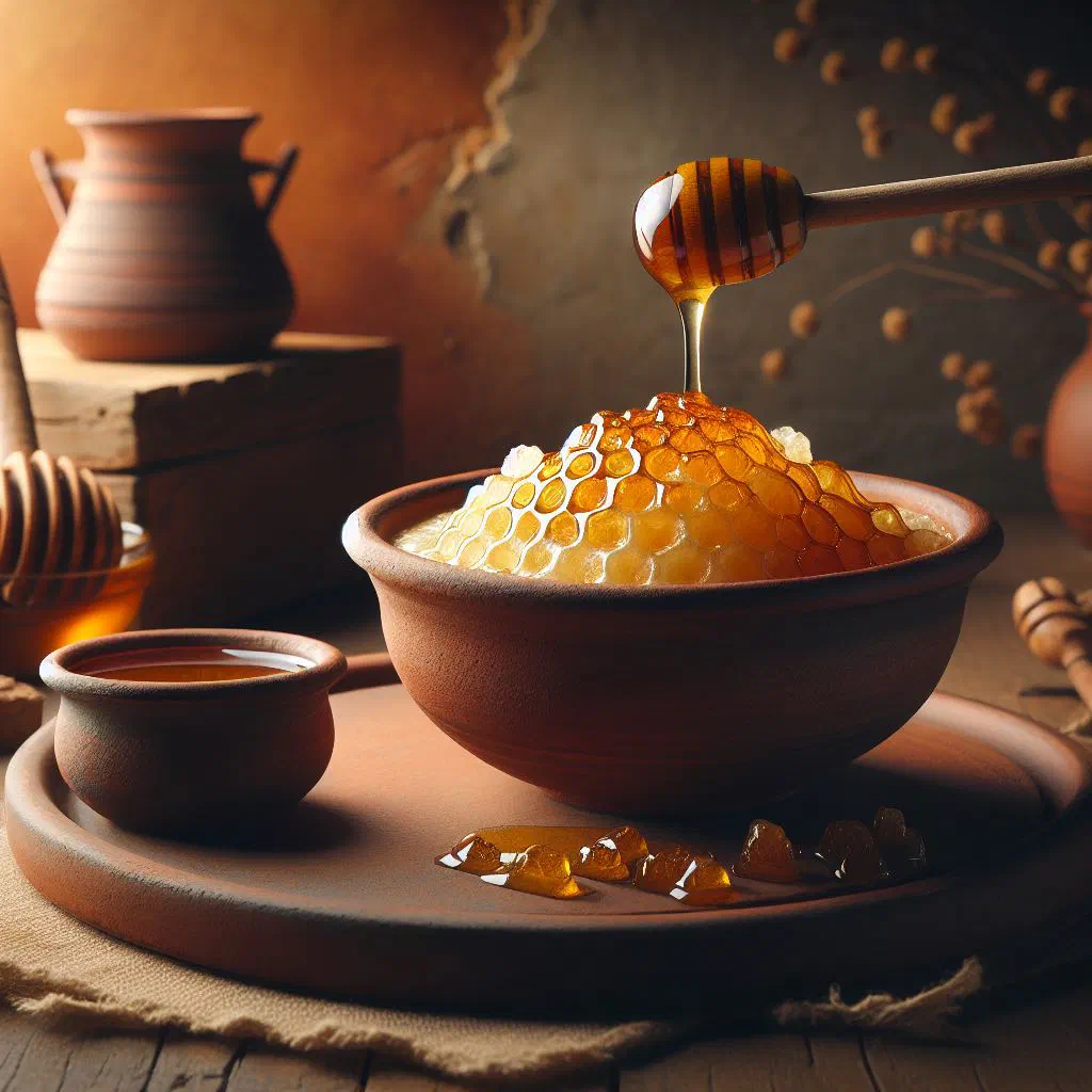 Smooth asida dough drizzled with golden honey on a serving plate