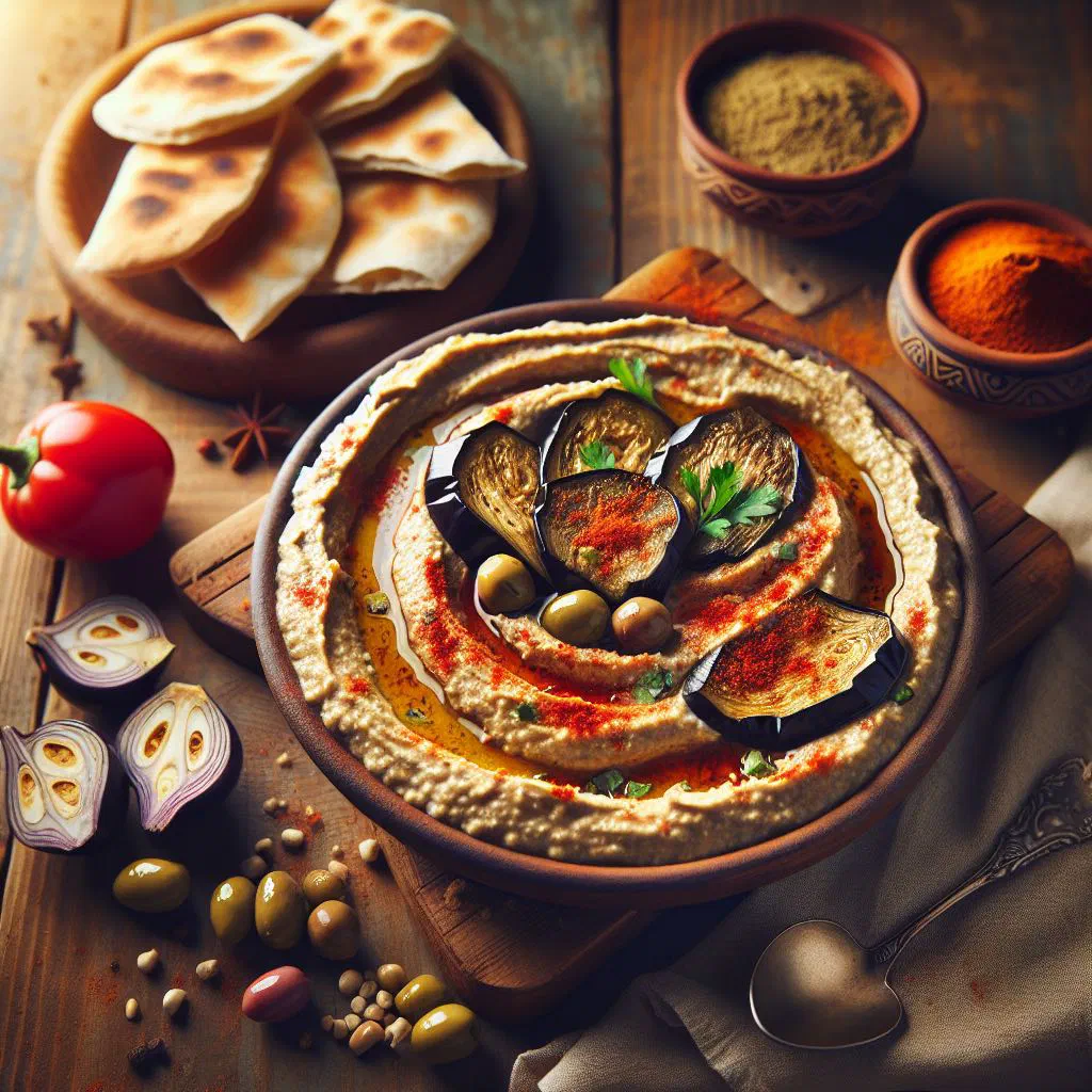 Creamy baba ganoush drizzled with olive oil and garnished with parsley
