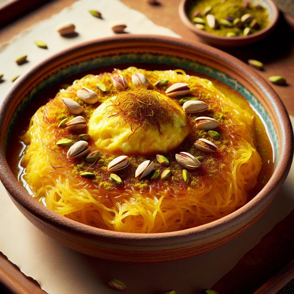 Sweet vermicelli balaleet topped with a thin omelette and saffron