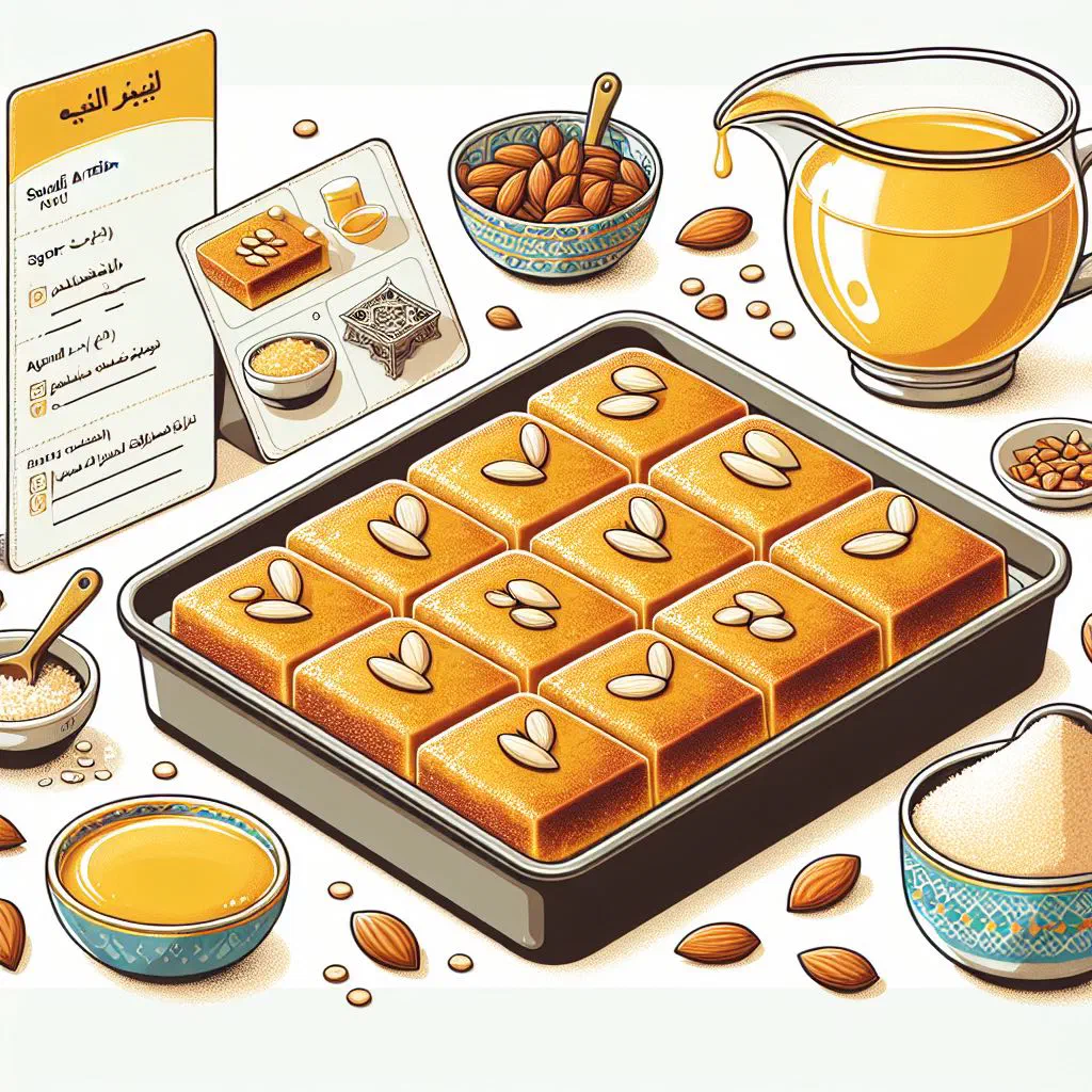 Golden basbousa semolina cake topped with almonds, cut into diamonds