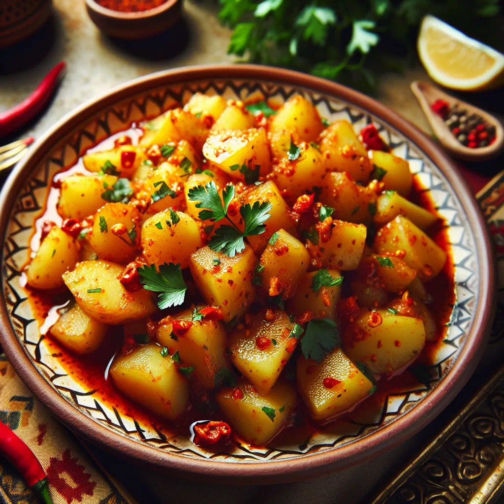 Bowl of spicy roasted potatoes tossed with garlic, chilli and fresh coriander
