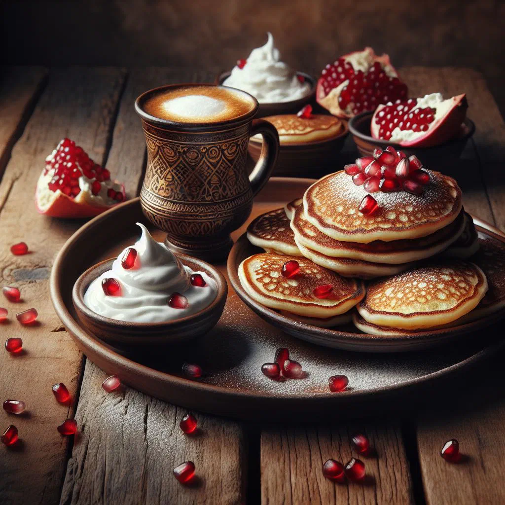 Stack of fluffy chebab pancakes drizzled with honey