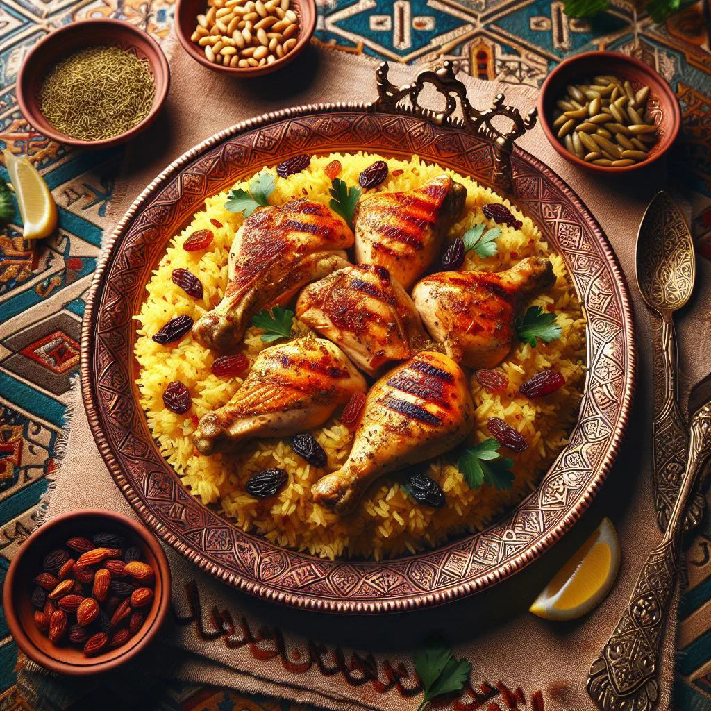 Spiced chicken machboos served over fluffy basmati rice with fresh herbs