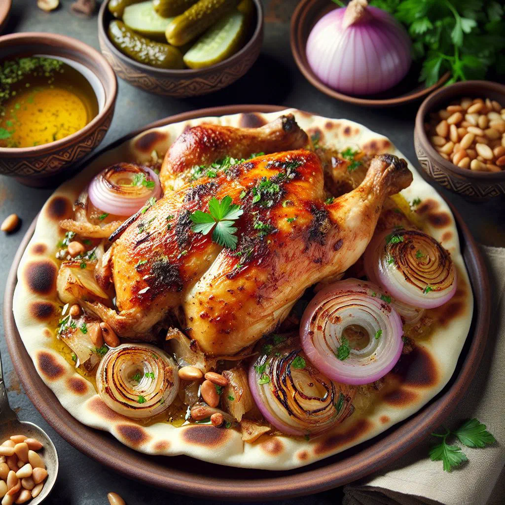 Chicken musakhan on crisp flatbread topped with caramelised onions and sumac