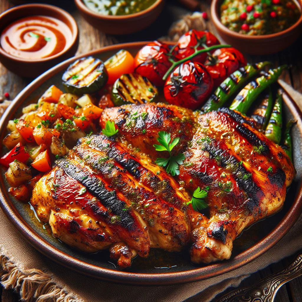 Whole charcoal-grilled Saudi chicken garnished with fresh herbs and lemon