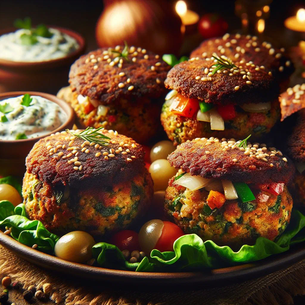 Golden falafel mahshi balls served with fresh herbs and lemon wedges