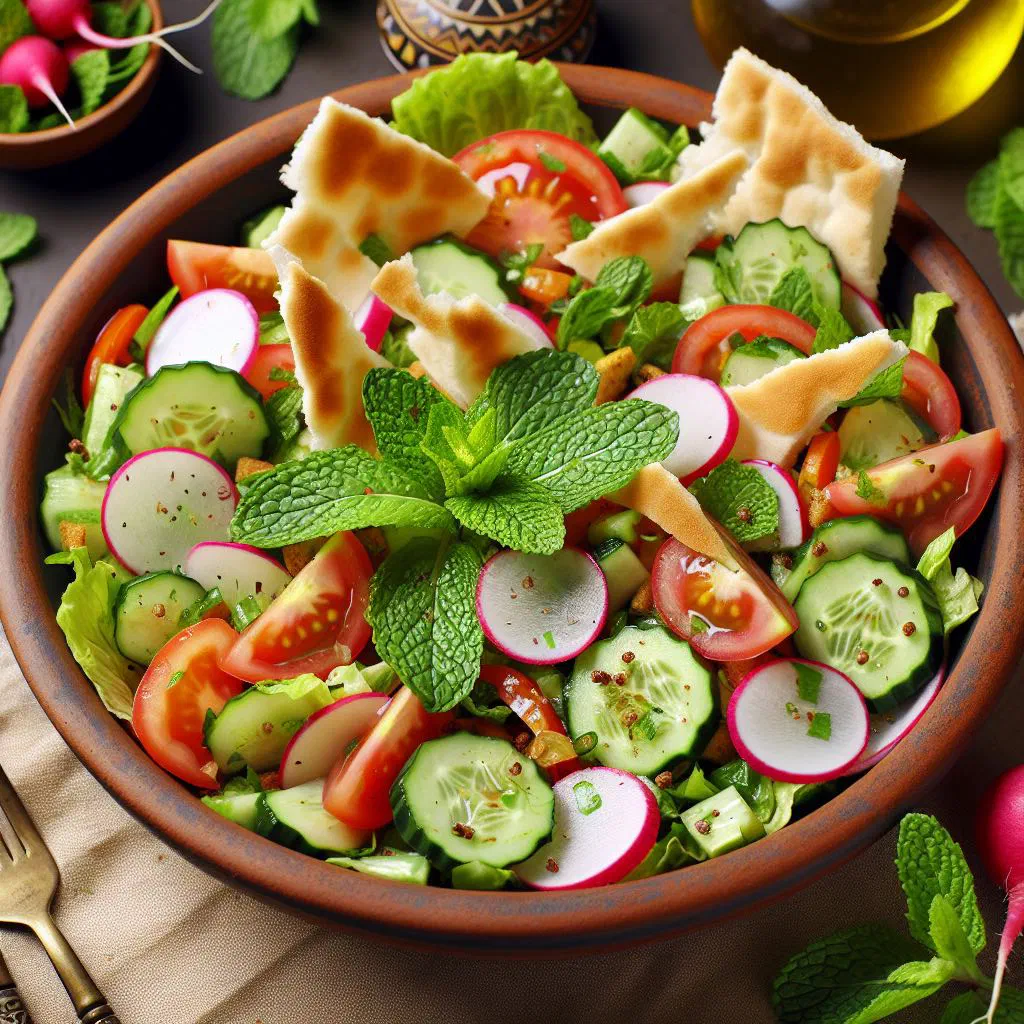 Fattoush salad with crisp vegetables, herbs and toasted flatbread